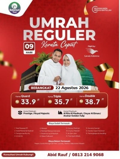 Umrah Reguler 9 Hari, Kereta Cepat, Btt Ahz, Keberangkatan 22 Agustus 2026